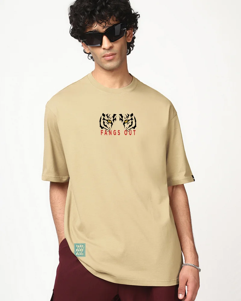 bewakoof Men's Ginger Root Brown Gun Tamed Af Graphic Printed Oversized T-shirt